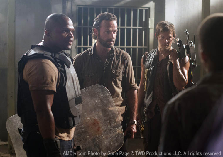 T-Dog (IronE Singleton), Rick Grimes (Andrew LIncoln) and Daryl Dixon (Norman Reedus) in Episode 2 Season 3 of The Walking Dead Photo credit: Gene Page/AMC