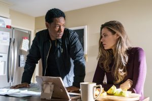 COLONY -- "Lazarus" Episode 308 -- Pictured: (l-r) Tory Kittles as Broussard, Peyton List as Amy Leonard -- (Photo by: Daniel Power/USA Network)