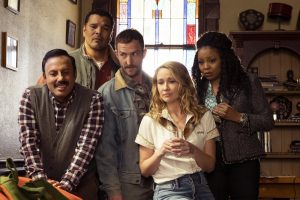 PERFECT HARMONY -- "Pilot" Episode 101 -- Pictured: (l-r) Rizwan Manji as Reverend Jax, Geno Segers as Dwayne, Will Greenberg as Wayne, Anna Camp as Ginny, Tymberlee Hill as Adams -- (Photo by: Justin Lubin/NBC)
