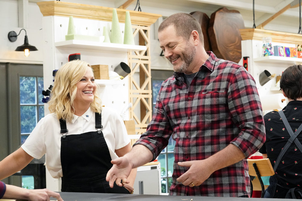 MAKING IT -- "What Are You Made Of?" Episode 201 -- Pictured: (l-r) Amy Poehler, Nick Offerman -- (Photo by: Evans Vestal Ward/NBC)