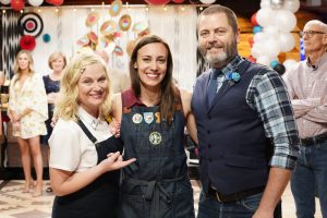 MAKING IT -- "You Made It!" Episode 208 -- Pictured: (l-r) Amy Poehler, Justine Silva, Nick Offerman -- (Photo by: Evans Vestal Ward/NBC)