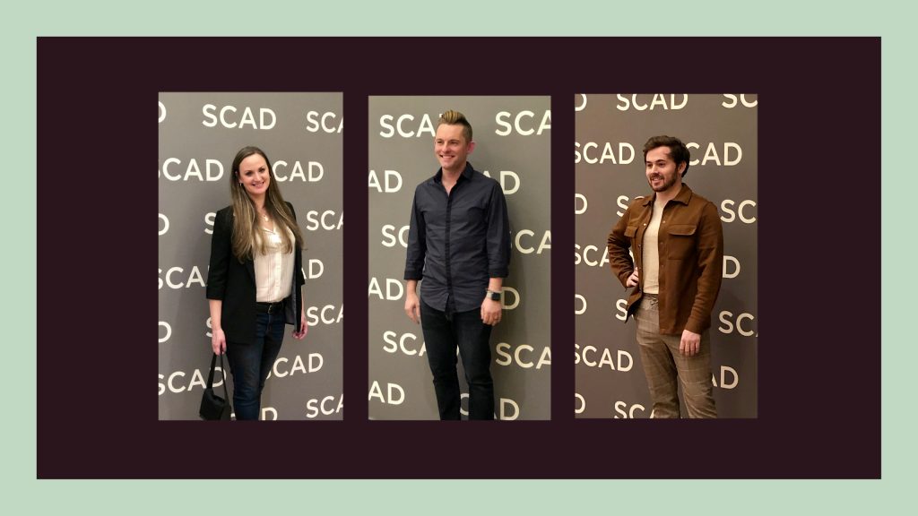 SCAD Alumni Joanna Brooks, Dustin Berry and Caleb Holland at SCAD aTVfest 2020. photo credit: Tracey Phillipps/So Many Shows Layout: Adobe Spark
