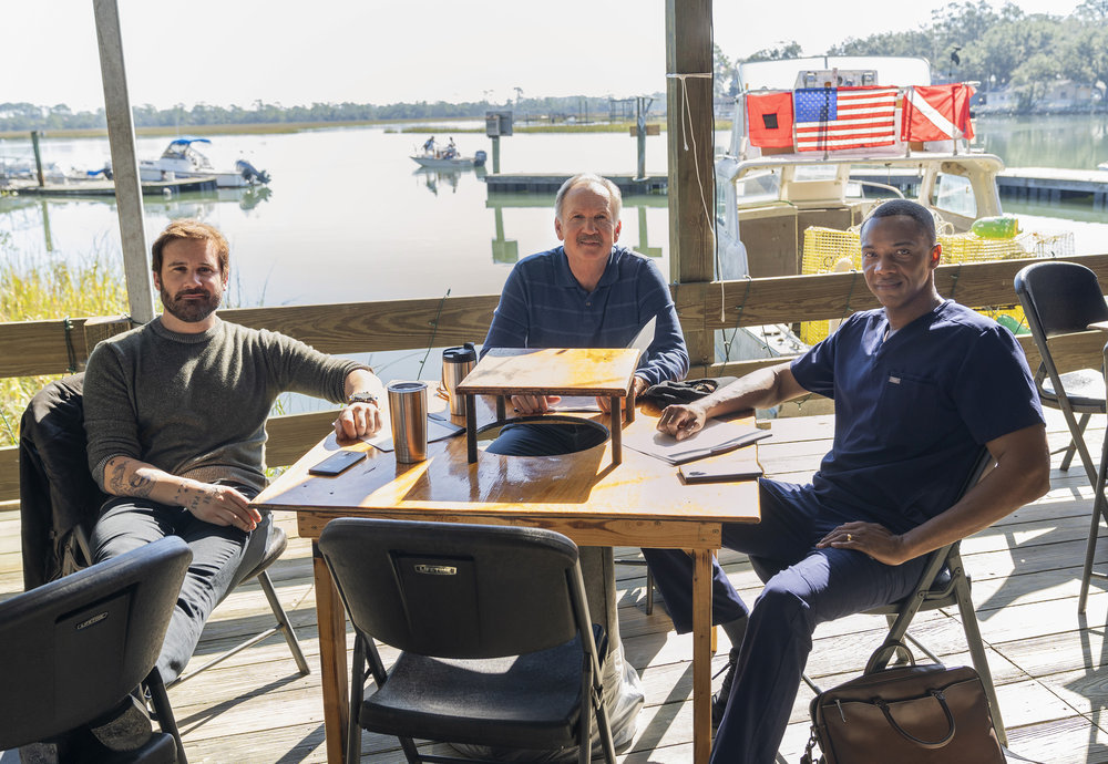 COUNCIL OF DADS -- "I'm Not Fine" Episode 102 -- Pictured: (l-r) Clive Standen as Anthony Lavelle, Michael O'Neill as Larry Mills, J. August Richards as Dr. Oliver Post -- (Photo by: Seth F. Johnson/NBC)