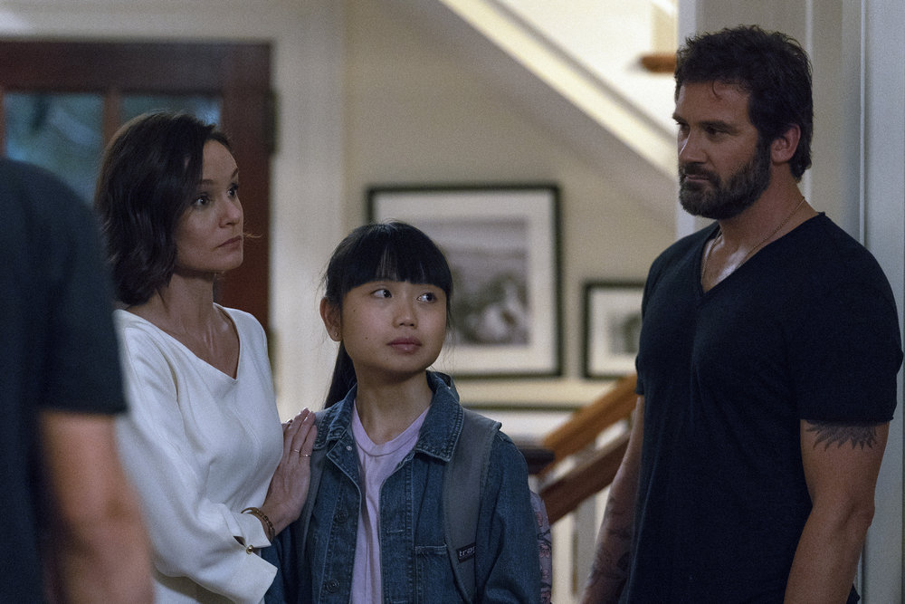 COUNCIL OF DADS -- "I'm Not Fine" Episode 102 -- Pictured: (l-r) Sarah Wayne Callies as Robin Perry, Thalia Tran as Charlotte Perry, Clive Standen as Anthony Lavelle -- (Photo by: Seth F. Johnson/NBC)