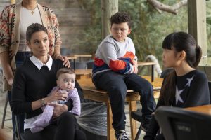 COUNCIL OF DADS -- "Who Do You 'Wanna' Be?" Episode 103 -- Pictured: (l-r) Sarah Wayne Callies as Robin Perry, Baby Hope, Blue Chapman as JJ Perry, Thalia Tran as Charlotte Perry -- (Photo by: Seth F. Johnson/NBC)