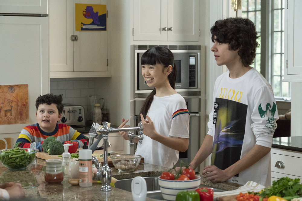 COUNCIL OF DADS -- "Dear Dad" Episode 108 -- Pictured: (l-r) Blue Chapman as JJ Perry, Thalia Tran as Charlotte Perry, Emjay Anthony as Theo Perry -- (Photo by: Seth F. Johnson/NBC)