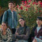 4 teenagers, 3 sitting on bench, 1 standing behind them in Sweet Magnolias season 3