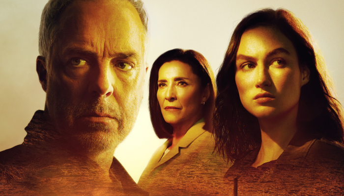 Poster with faces of Bosch: Legacy characters (left to right) Harry Bosch, Honey Chandler and Maddie Bosch. Image of desert (upside down) beneath them.